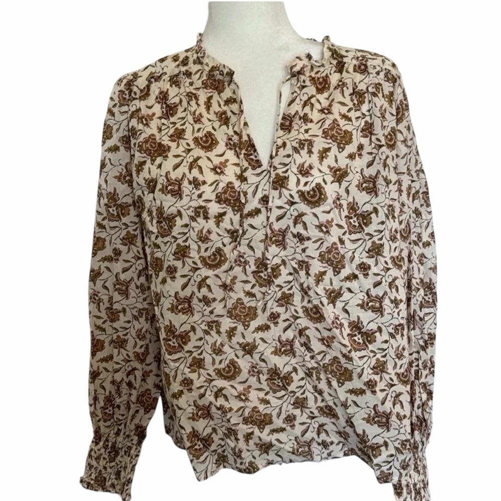 Ann Taylor Factory Women’s Long Sleeve Floral Blouse Size L Cream/brown/pink